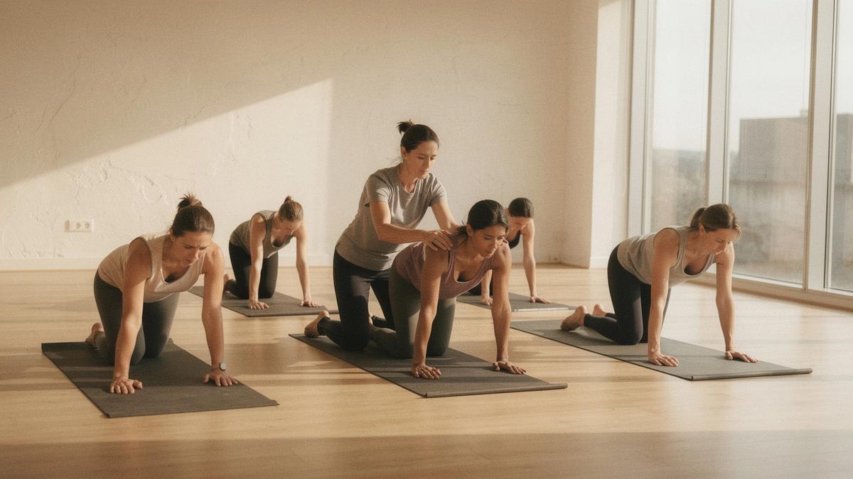 Six beginners in a sunlit Kyiv studio following an instructor through a seated pilates sequence